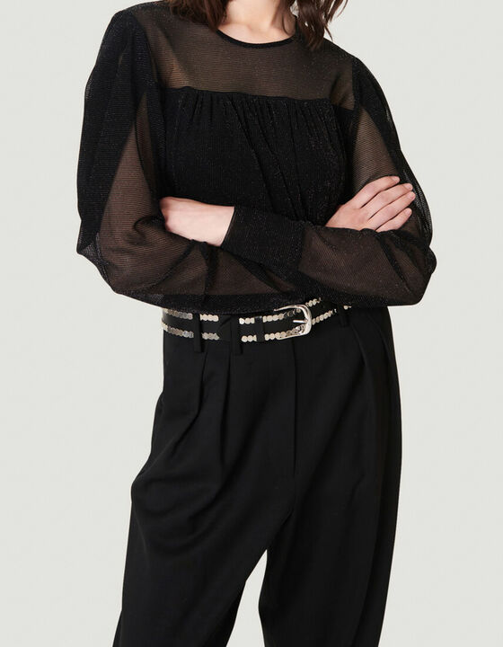 BRENNER SHEER METALLIC DRAPED KNIT TOP